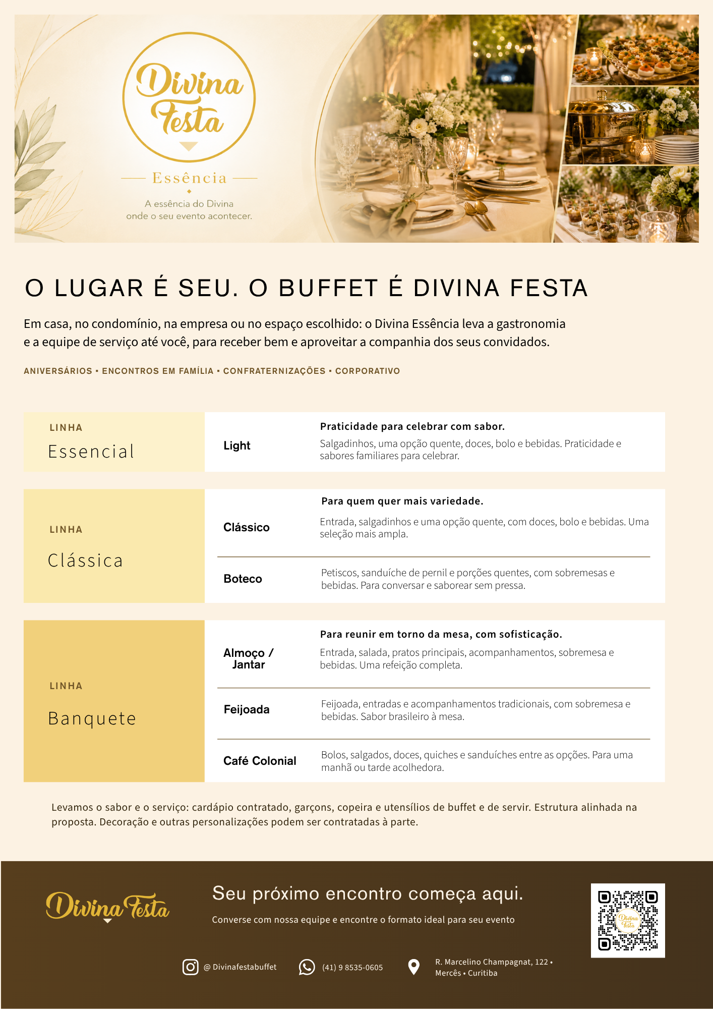 Apresentação do Divina Essência: linha Essencial, Clássica e Banquete, com os formatos de cardápio e a proposta "o lugar é seu, o buffet é Divina Festa"