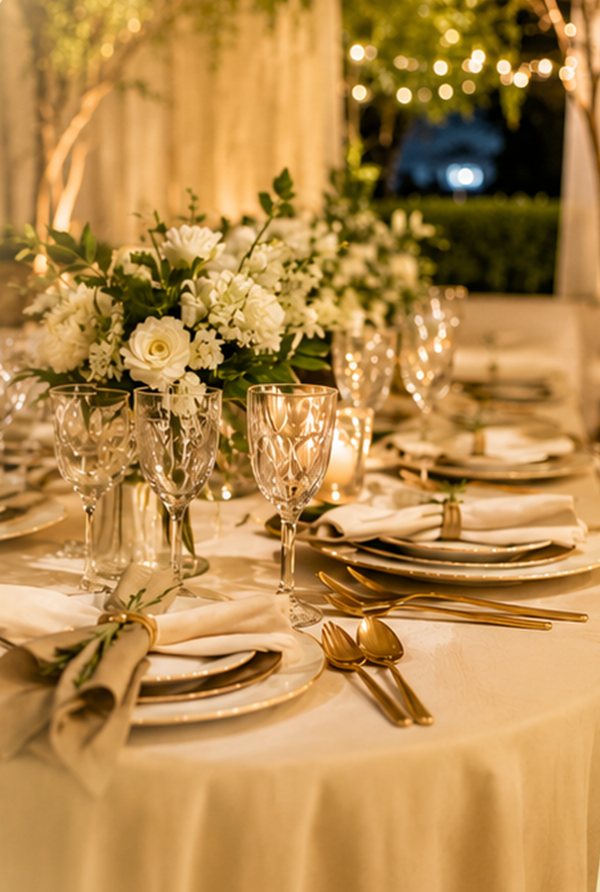 Mesa posta com louça, taças de cristal e arranjos de flores brancas em um evento montado ao ar livre pelo Divina Essência
